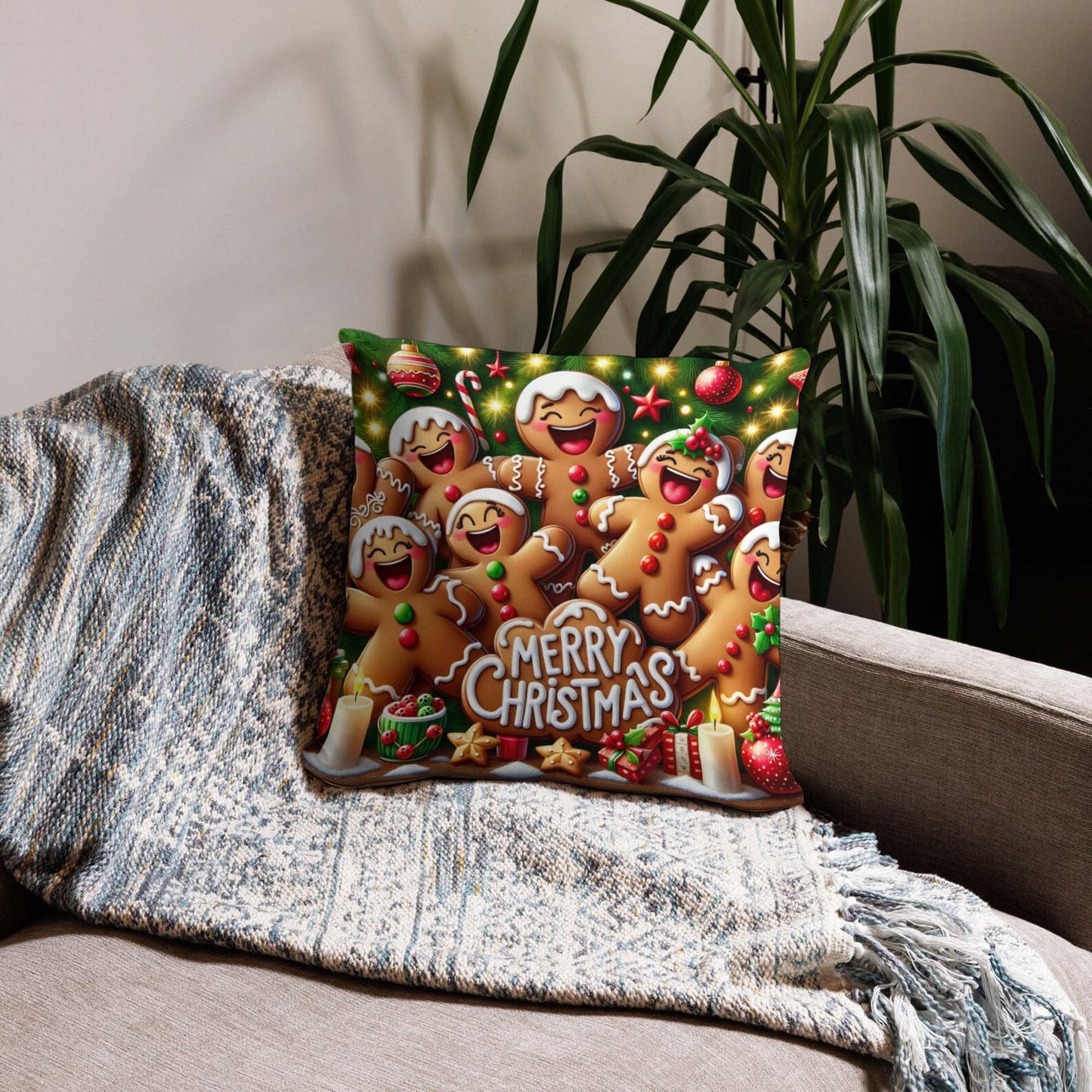 Jiaopenyou Throw Pillow Cover 20x20 Inch,Gingerbread Men Dancing Merry Christmas Decorated with Icing Candies Christmas Tree Throw Pillow Case,Home Decor Cushion Covers for Sofa Living Room Couch Bed