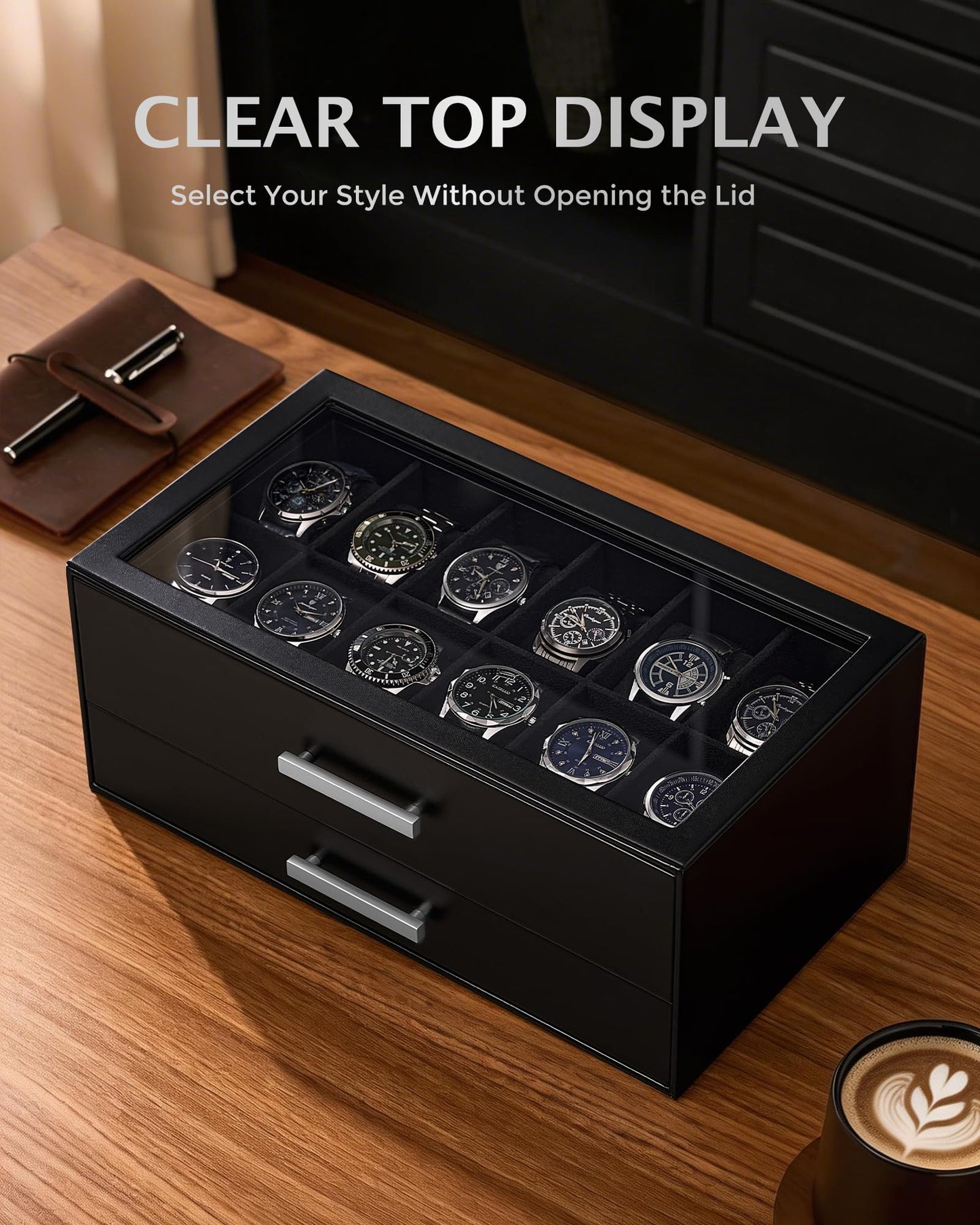 ProCase Black 12 Slot Watch Box and Black 3-Slot Watch Travel Case Bundle, 2-Tier Pull-Out Drawer Organizer, Clear Top Display Lid, Jewelry and Sunglasses Storage, Portable PU Leather Watch Holder