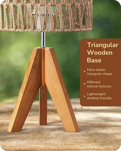 EDISHINE Small Table Lamp, Rattan Wood Tripod Bedside Lamp, Boho Nightstand Lamp for Living Room, End Table, Office, E26 Base, Natural Style