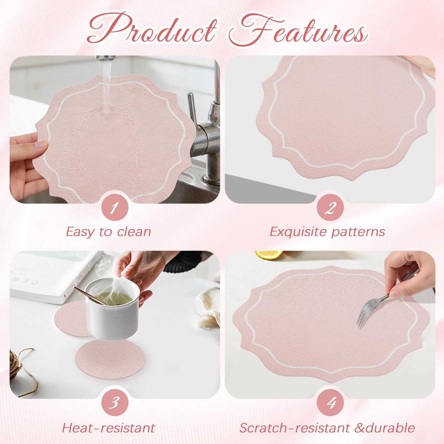Set of 4 Spring Round Vinyl Placemats with Coasters 12" Scalloped Pink Faux Leather Placemats Waterproof Placemat Wipeable Heat Resistant for 7-10" Plates for Wedding Party Dining Table Decor