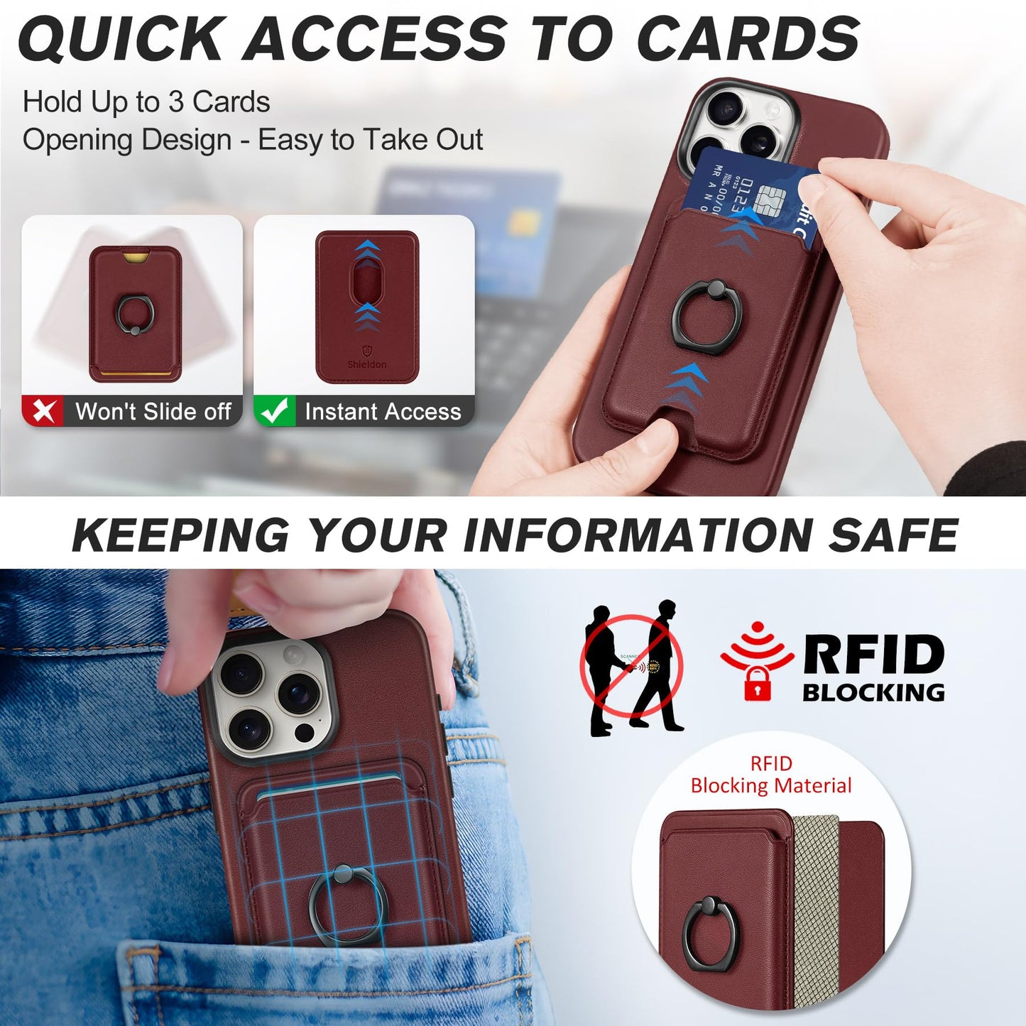 SHIELDON Genuine Leather Case for iPhone 15 Pro Max + Removable Magnetic Card Holder, Magnetic Wireless Charging Non-Slip Stand RFID Blocking Shockproof Compatible with iPhone 15 Pro Max - Wine Red