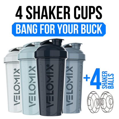 VELOMIX -4 PACK 28 Oz Protein Shaker Bottle for Protein Mixes - 4x Wire Whisk | Leak Proof Shaker Cups for Protein Shakes | Large, Stackable Protein Shaker Bottles Pack | Dishwasher Safe (Aqua Depths)