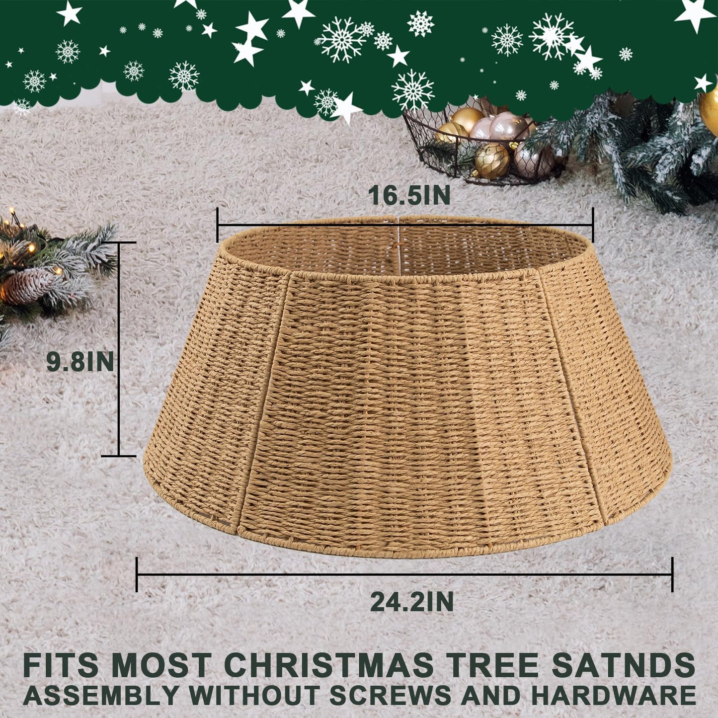 Kafuzi Christmas Tree Collar,24in Woven Christmas Tree Collars for Artificial Trees,Rattan Ring Base Cover Rustic & Farmhouse Holiday Decorations -Natural