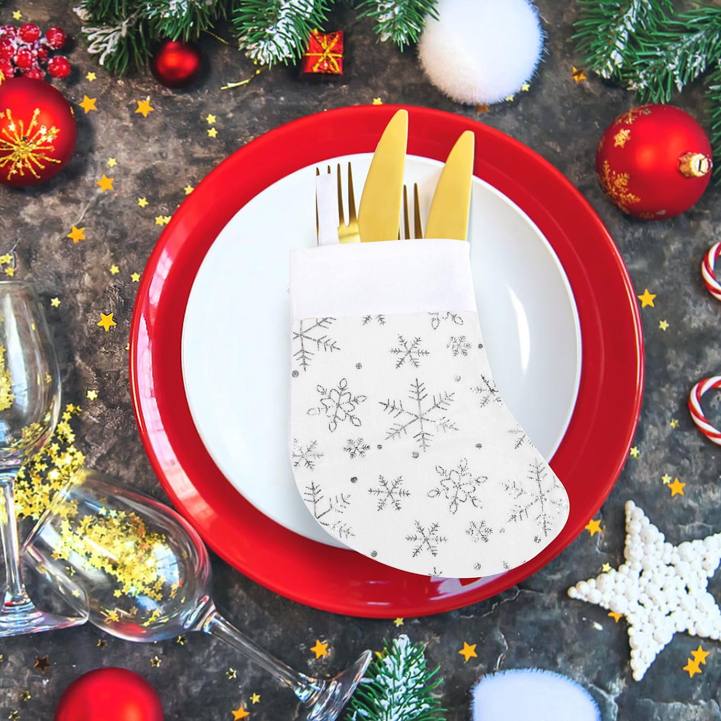 FOIMAS 12pcs Mini Christmas Stockings,8.2" White Snowflake Stocking Xmas Felt Hanging Stocking Sock for Christmas Tree Fireplace Tableware Home Decoration,Silver