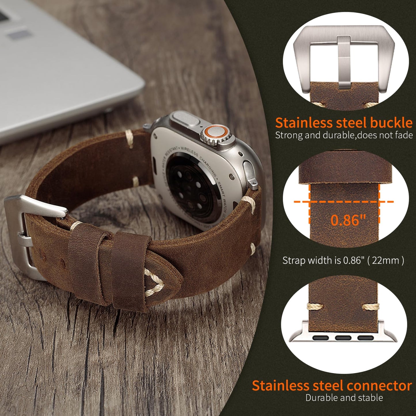 Handmade Double Sided Leather Bands Compatible with Apple Watch Ultra 2/Ultra Band 49mm 46mm 45mm 44mm 42mm ，Men Retro Design Grain Genuine Leather Band For iWatch Series SE 10 9 8 7 6 5 4 3 2 1