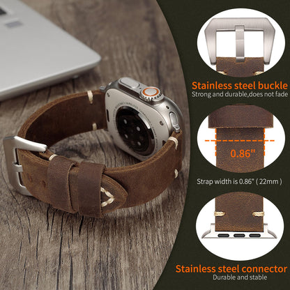 Handmade Double Sided Leather Bands Compatible with Apple Watch Ultra 2/Ultra Band 49mm 46mm 45mm 44mm 42mm ，Men Retro Design Grain Genuine Leather Band For iWatch Series SE 10 9 8 7 6 5 4 3 2 1
