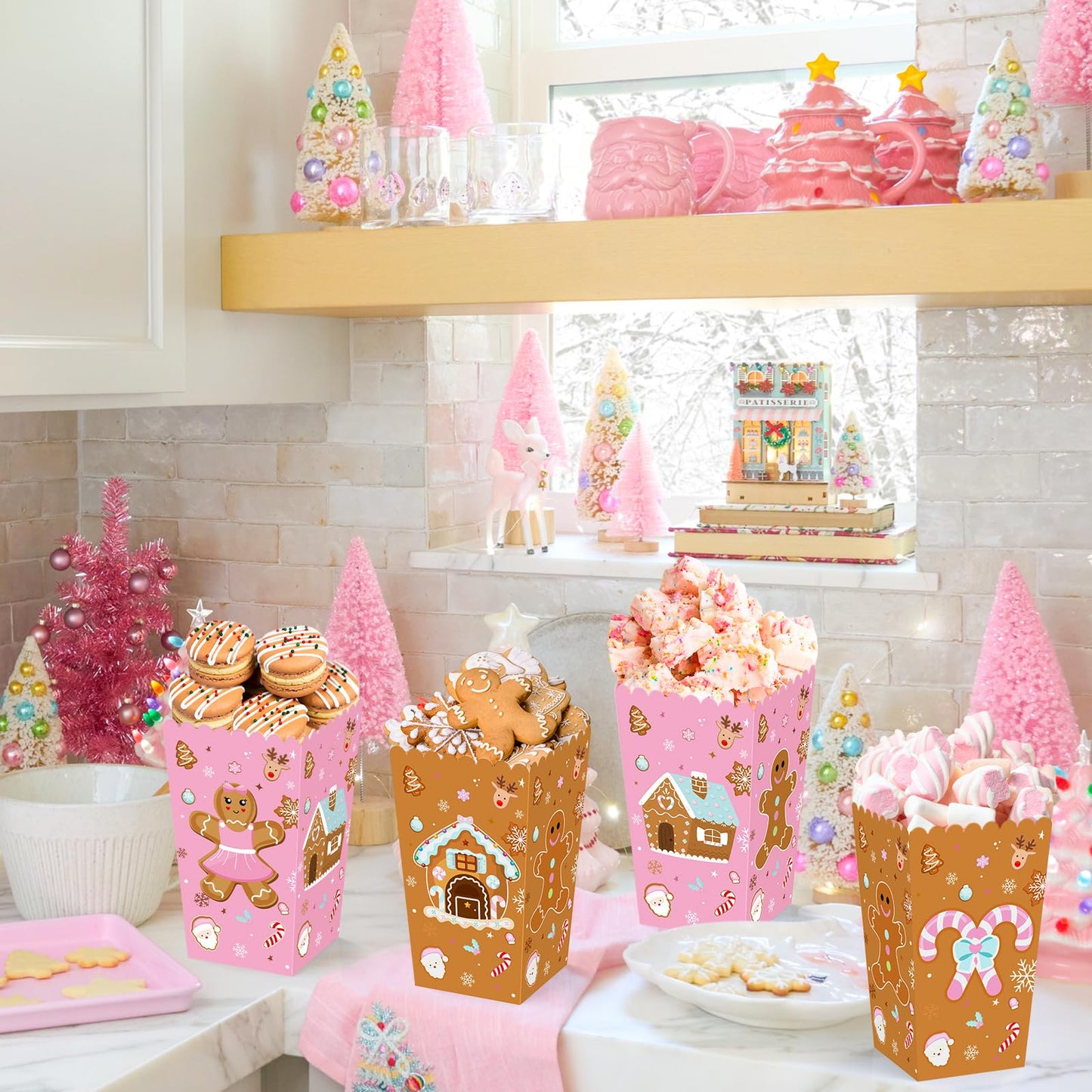 K KUMEED 24 PCS Christmas Popcorn Favor Boxes,Pink and Brown Gingerbread Man Christmas Party Supplies Cute Candy House Popcorn Bowls Popcorn Buckets Popcorn Bags Candy Cookie Container for Kids