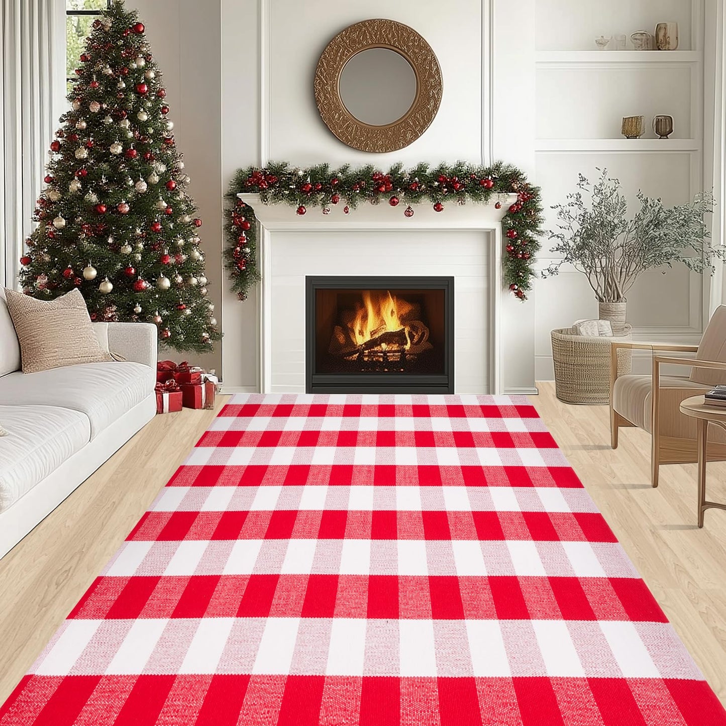 Christmas Red and White Plaid Rug 4 x 6 Ft, Hand-Woven Indoor/Outdoor Layered Cotton Blend Buffalo Plaid Rug, Washable Front Door Mat, Perfect for Porch, Living Room, Entryway
