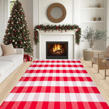Christmas Red and White Plaid Rug 4 x 6 Ft, Hand-Woven Indoor/Outdoor Layered Cotton Blend Buffalo Plaid Rug, Washable Front Door Mat, Perfect for Porch, Living Room, Entryway
