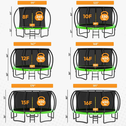 JUMPZYLLA Trampoline Outdoor 8FT 10FT 12FT 14FT 15FT 16FT with Enclosure and Ladder, ASTM Approved Recreational Trampoline for Kids and Adults, Anti-Rust Coated Frame (Green, 8FT)