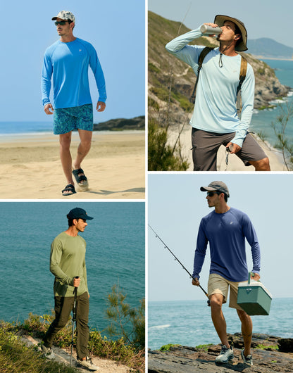 Pudolla Mens Sun Protection Shirts UV SPF T-Shirts UPF 50+ Long Sleeve Rash Guard Fishing Beach Quick Dry(White L)