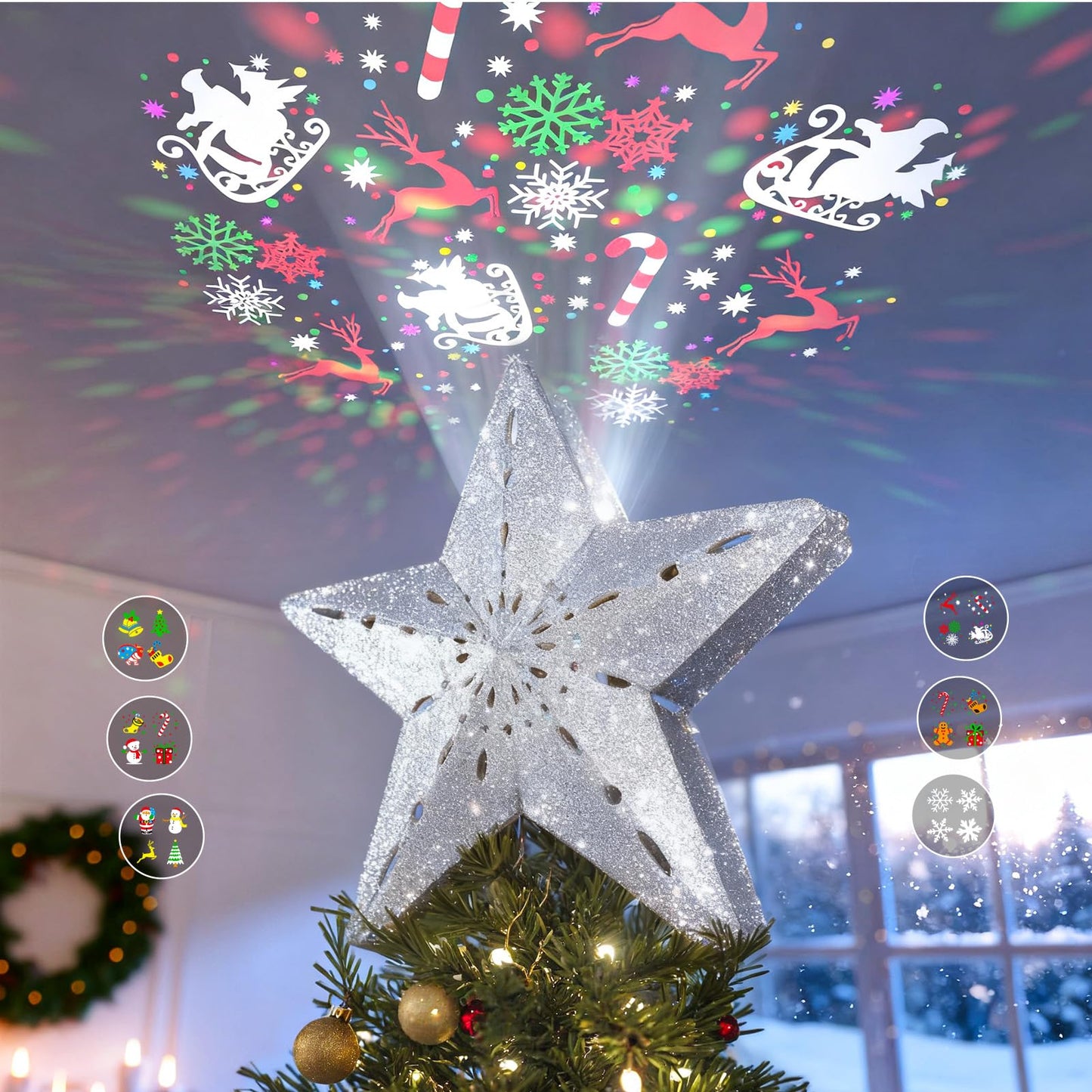 DG-Direct Christmas Tree Topper Lighted Star with 6 Projected Patterns,3D Hollow Sparkling Star Christmas Tree Topper with Rotating Magic Projector for Christmas Tree Ornament