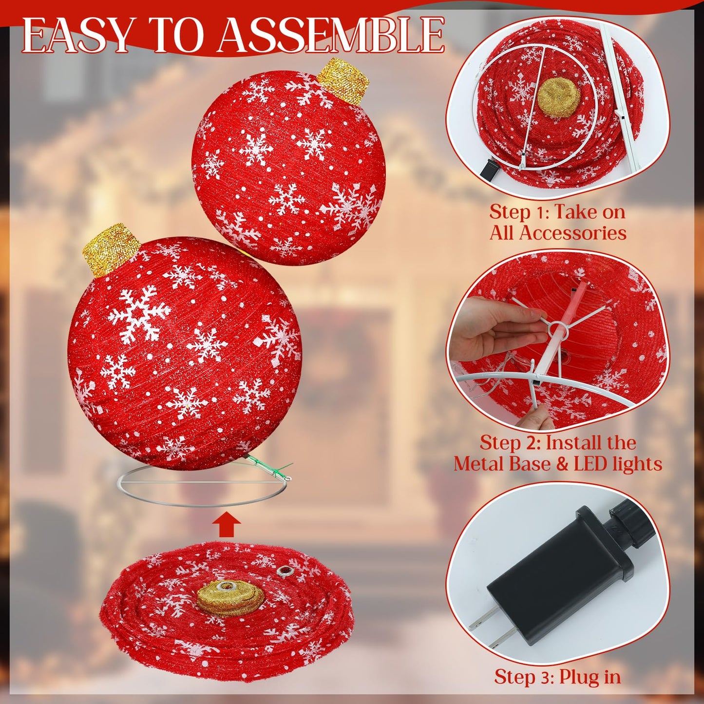 Rossesay 2.5 ft Lighted Pop up Outdoor Christmas Ornaments Stackable Giant 3D Pre Lit Christmas Balls Light up Collapsible Balls with 80 LED Lights for Holiday Yard Lawn Garden