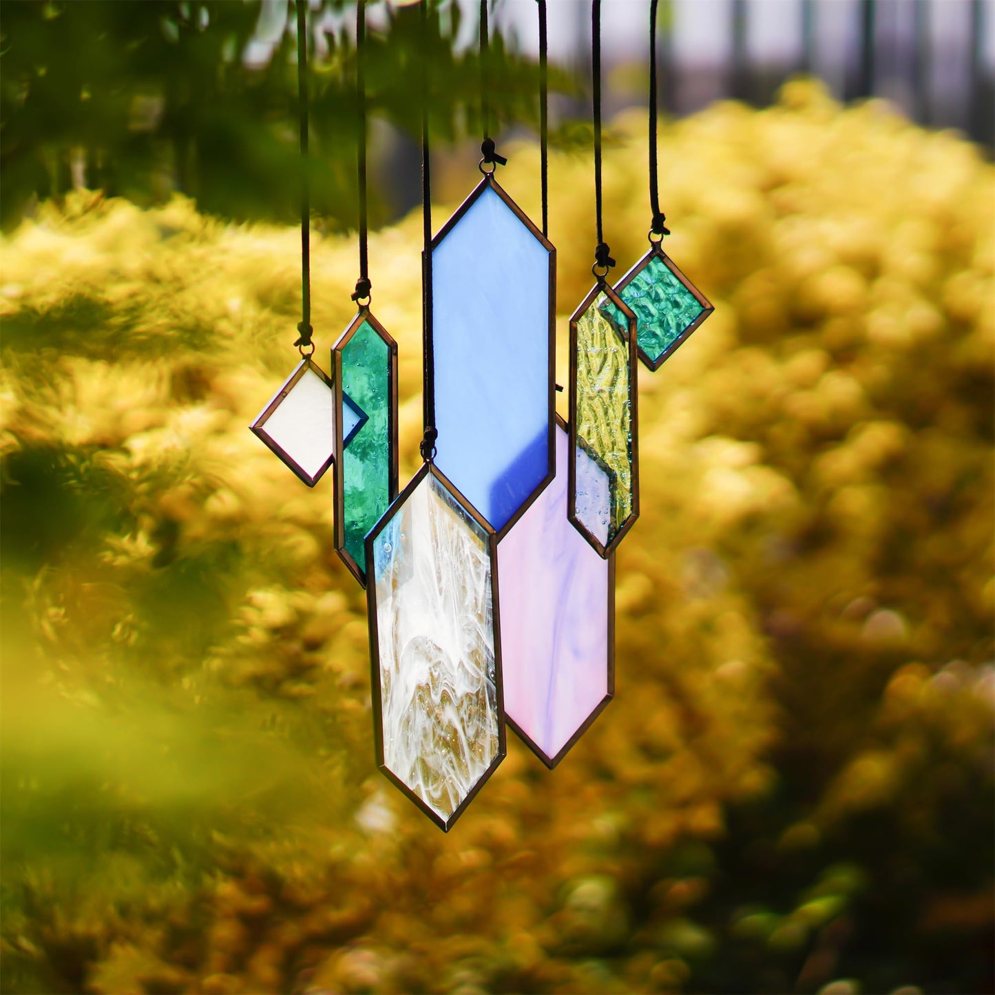 HDCRYSTALGIFTS Stained Glass Window Hanging Suncatchers - 7 Pieces Handcrafted Element Earth Tones Panel Set,Modern Blue Wall Art Sun Catchers Indoor Window Home Garden Decor