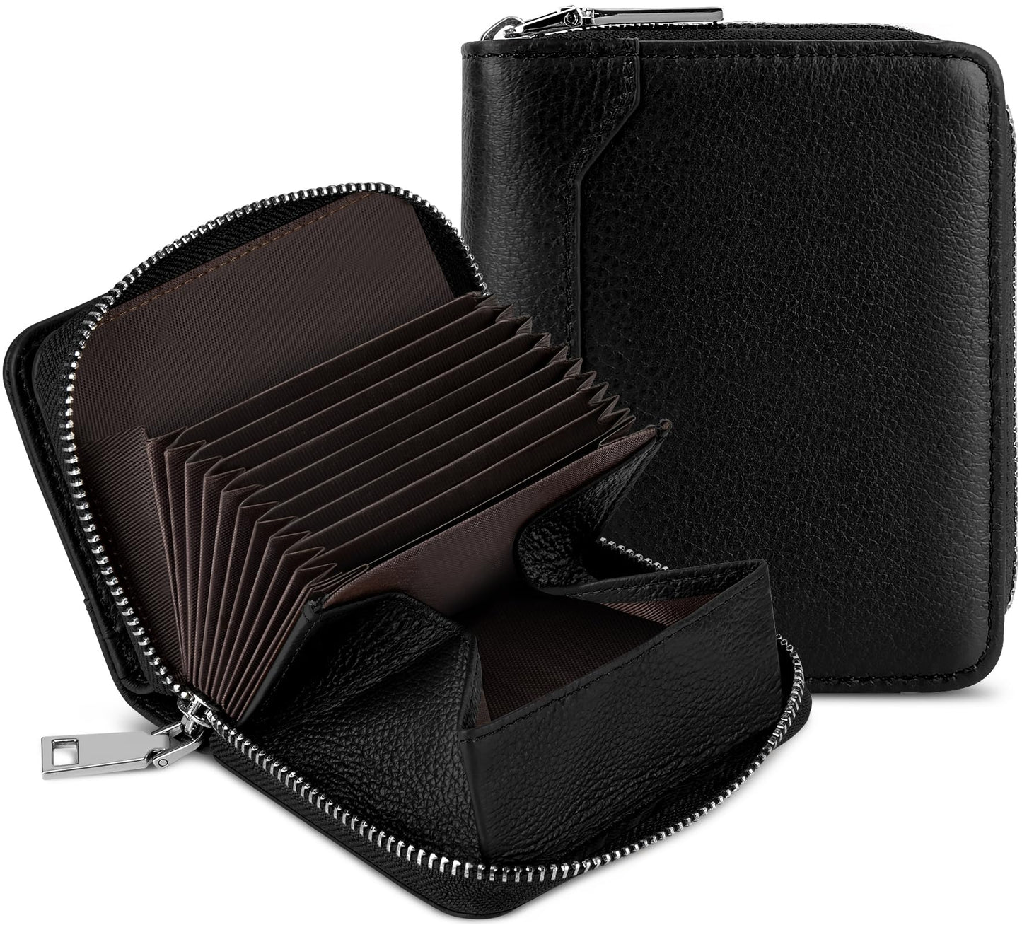HUANLANG Credit Card Wallet for Women Men Leather Accordion Wallet, RFID Blocking Zipper Card Case Holder with Coin Pocket