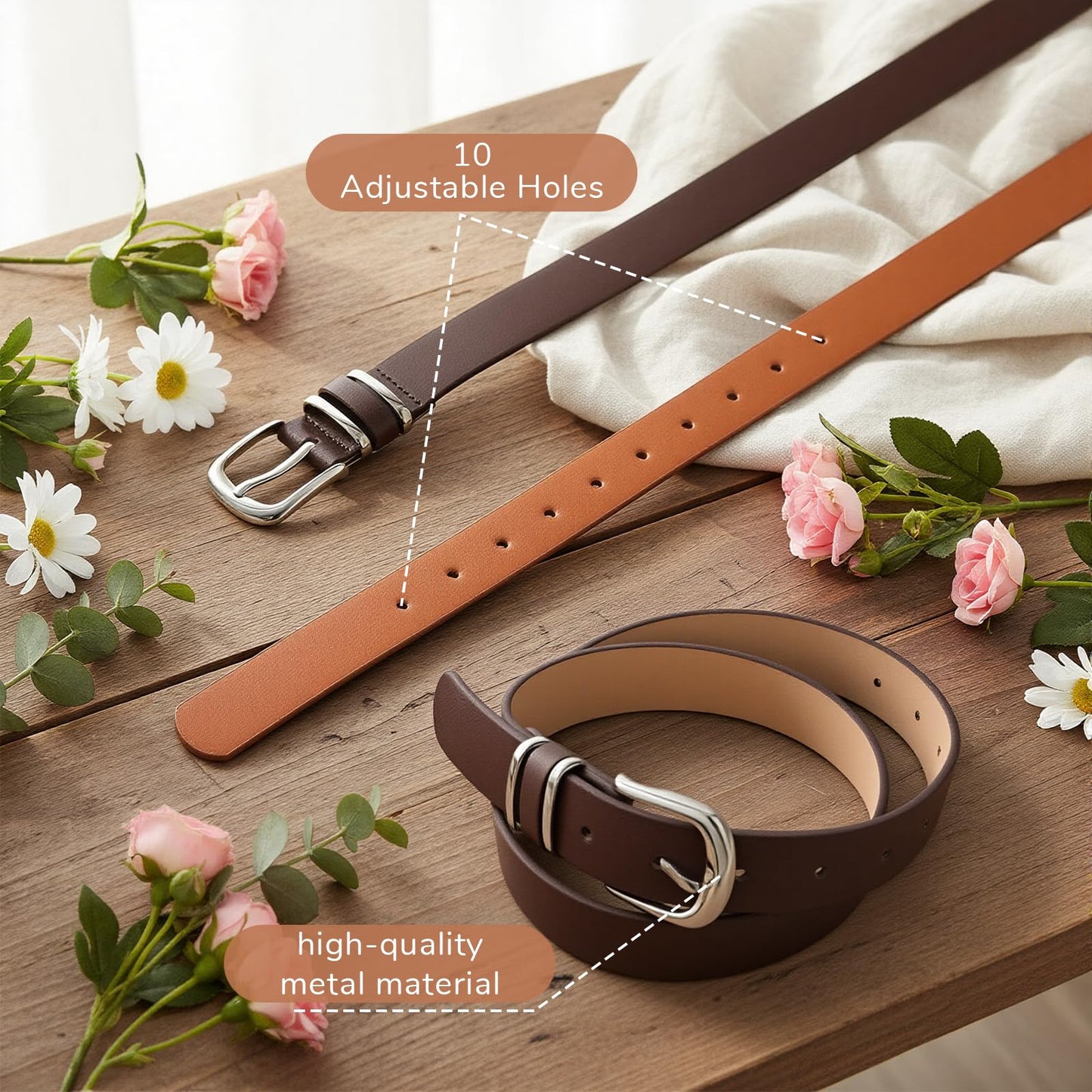 IMengjbang 5Pcs Womens Leather Belt Silver Buckle Fits Waist 25-35 Inches, Ladies Belts for Jeans with Silver Buckle 10 Adjustable Holes