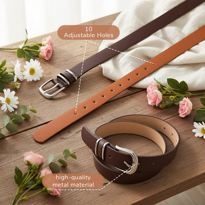IMengjbang 5Pcs Womens Leather Belt Silver Buckle Fits Waist 25-35 Inches, Ladies Belts for Jeans with Silver Buckle 10 Adjustable Holes