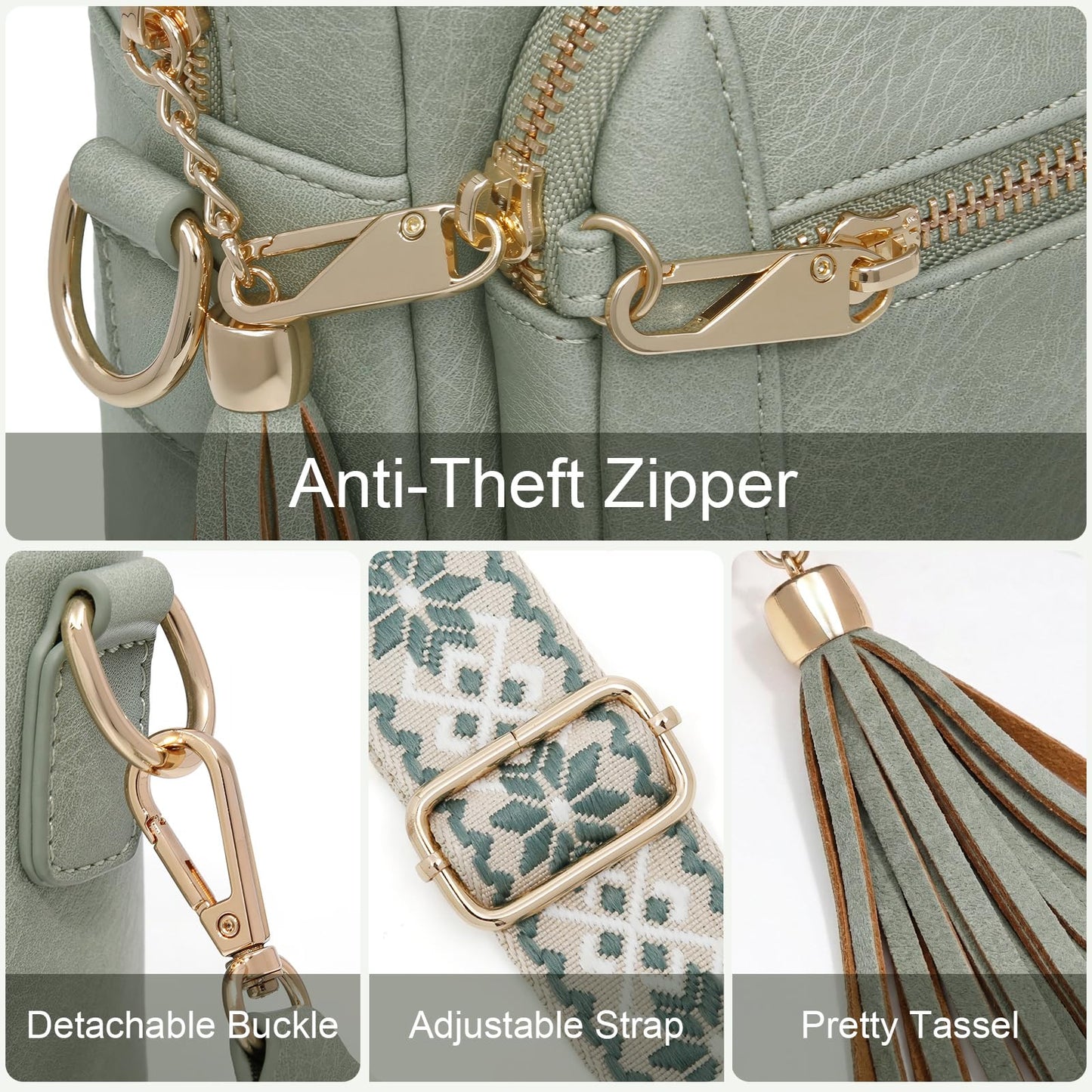 HILAEX Small Leather Crossbody Bags for Women Anti theft Purses and Handbag Shoulder Hangbag with Wide Strap Tassel Pale Green