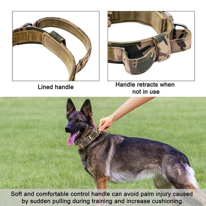 OEBEESA Tactical Dog Collar Adjustable Military Collar: - Nylon K9 Collars with Handle and Heavy Duty Metal Buckle for Medium and Large Dogs with 3 Patches and Airtag Case Holder (XL, Camo)