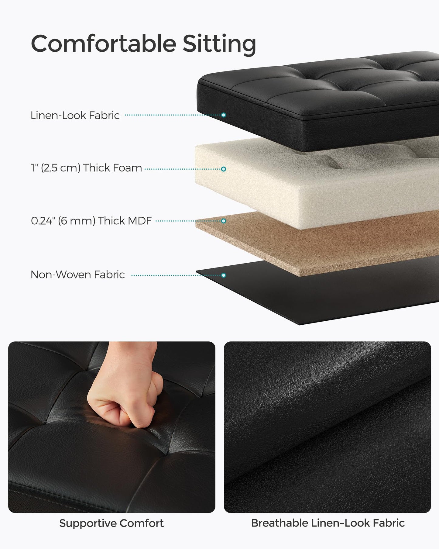 SONGMICS Small Folding Storage Ottoman, Foot Rest Stool, Cube Footrest, Synthetic Leather, 12.2 x 16.1 x 12.2 Inches, 286 lb Capacity, for Living Room, Bedroom, Dorm, Ink Black ULSF100B01