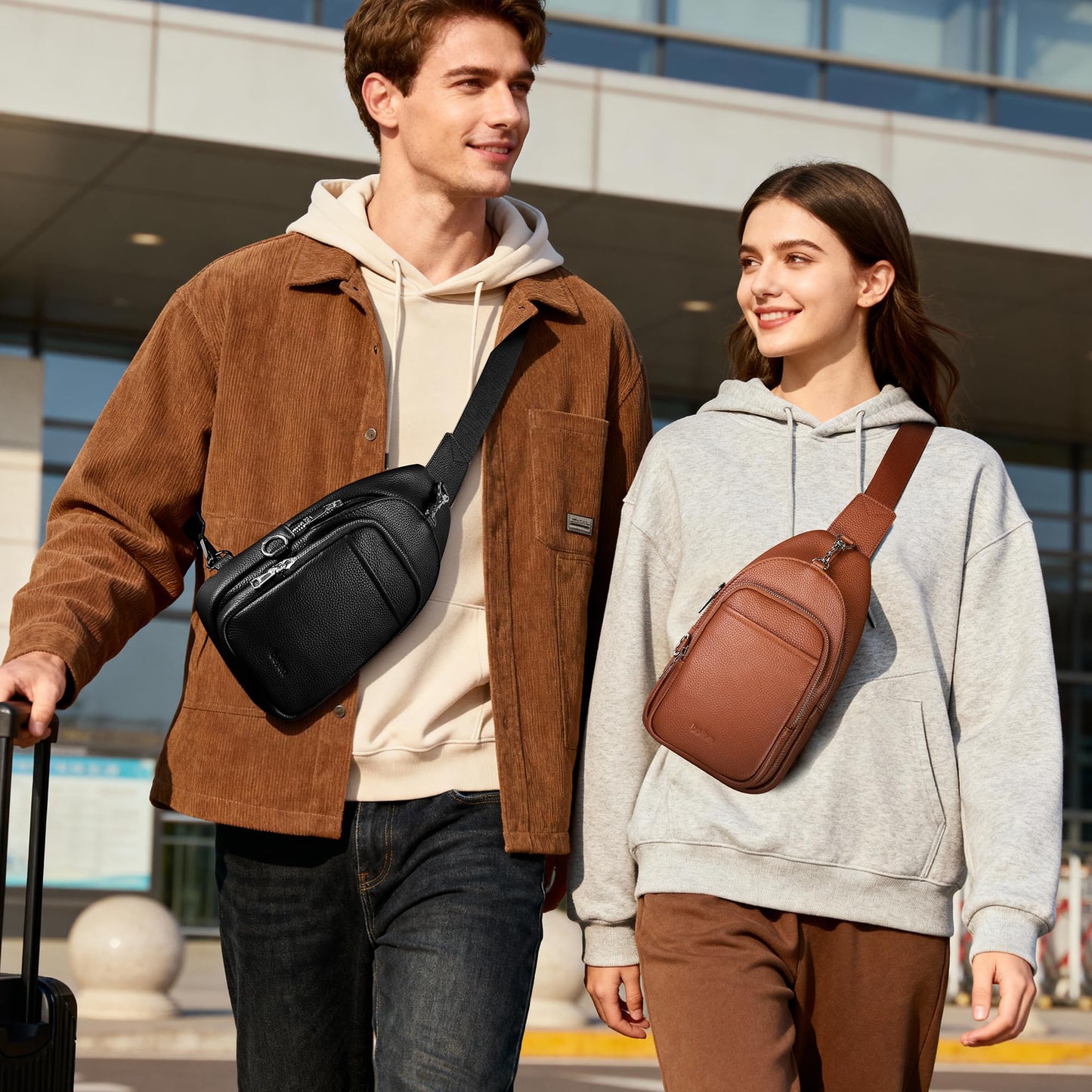 befen Black Genuine Leather Small Sling Bag for Women Anti-Theft Crossbody Chest Bags Multi-Pockets Fanny Pack with RFID Card Slots for Travel
