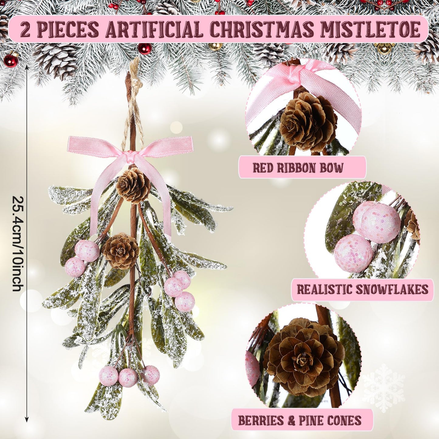 Giegxin 1 Piece Christmas Artificial Mistletoe Ornament with Bow Christmas Hanging Mistletoe Decoration Bouquet Floral Natural Pine Cones Holiday Decor Ornament Bouquet (Pink Style,Pink)