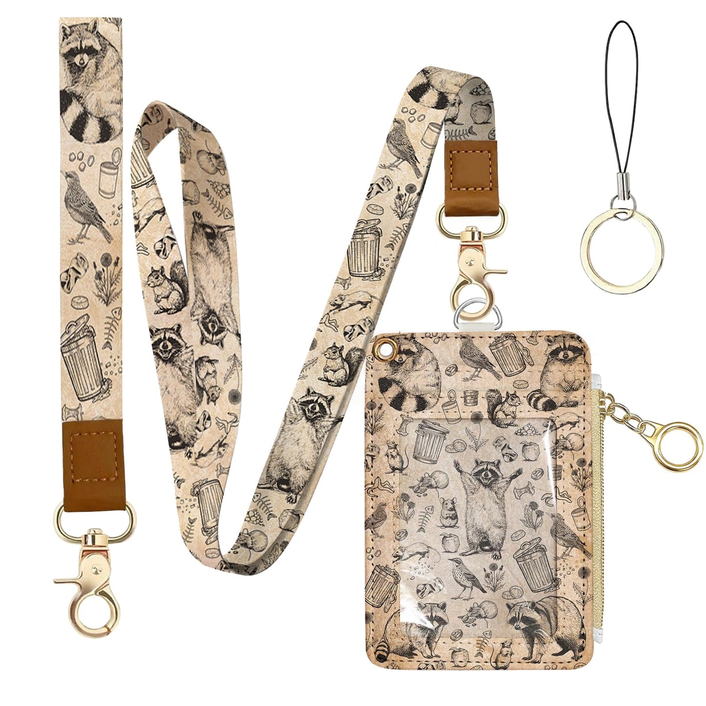 Leather Cute Badge Holder with Zipper Pocket, Raccoon Lanyards and 1 Zip Pocket and 4 Card Slots, Breakaway Lanyards with Metal Clasp for Offices, Staff, Adult, Employees