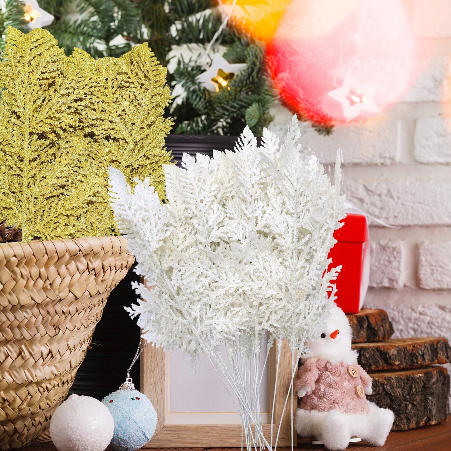 MCCVBFHH 60 Pcs Christmas Glitter Artificial Pine & Cedar Branches - Sparkly Stems Picks for Christmas Tree,Garland,Wreath,Holiday Party & Winter Home Decor