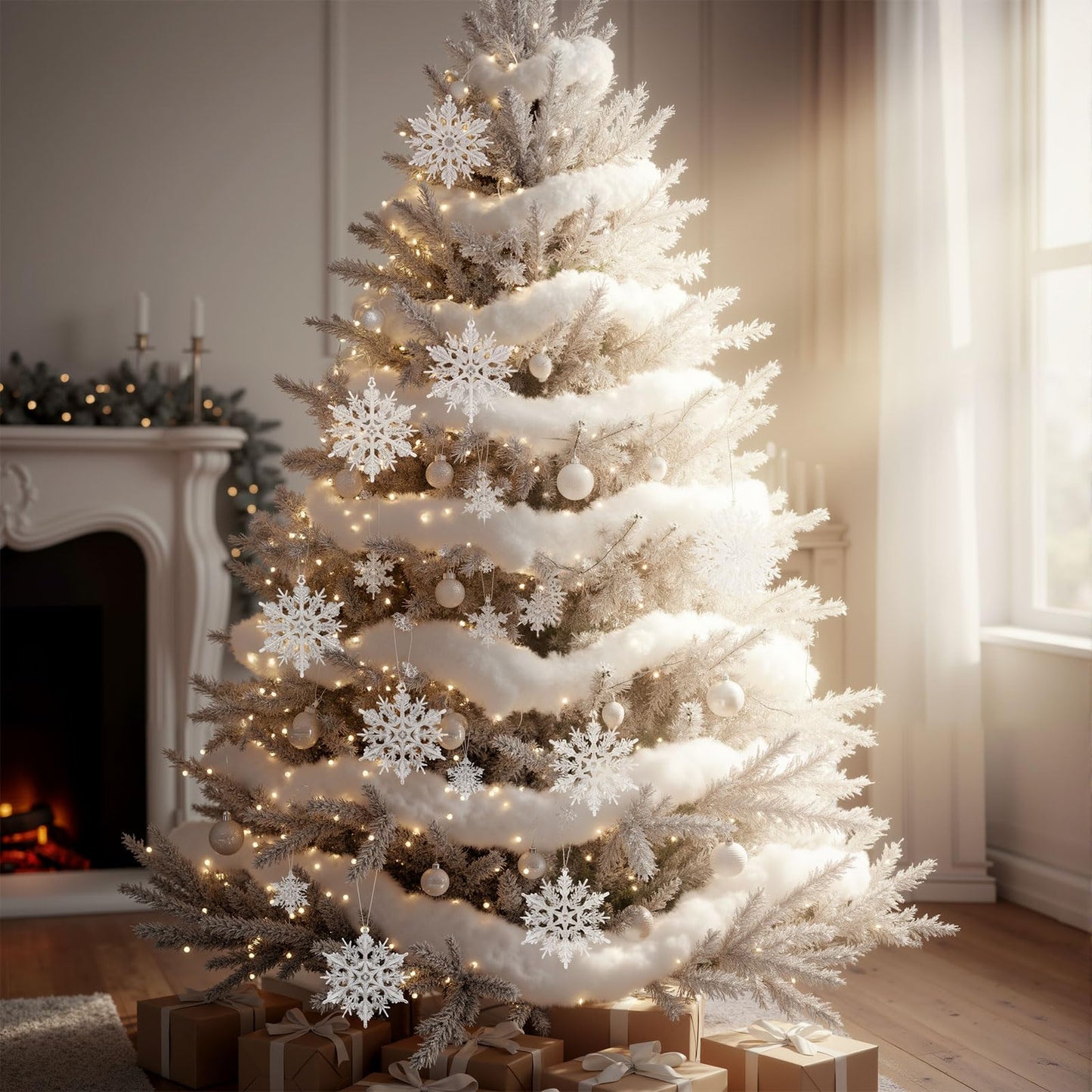 Soulchen Winter Tree Decoration Set 36 Pcs White Snowflake Ornament 11.3 oz Artificial Fluffy Snow Fake Cloud Plastic Glitter Snowflake Hanging for Wreath Garland Holiday Indoor Outdoor Wonderland