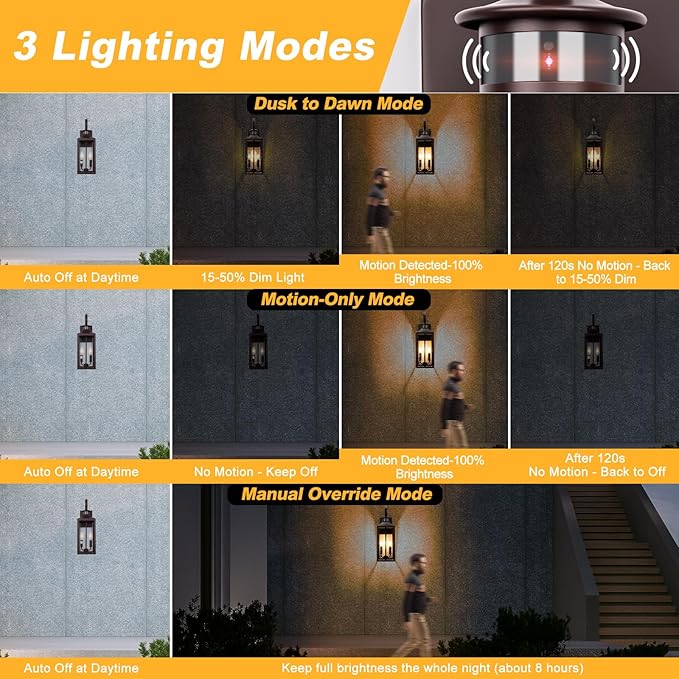 20" Oil Rubbed Bronze Motion Sensor Outdoor Light, Large Dusk to Dawn Outdoor Lighting Fixture, Farmhouse Wall Mounted Porch Lamp, Waterproof Brown Sconce for Outside Patio, 3 Modes/2-Light/1-Pack