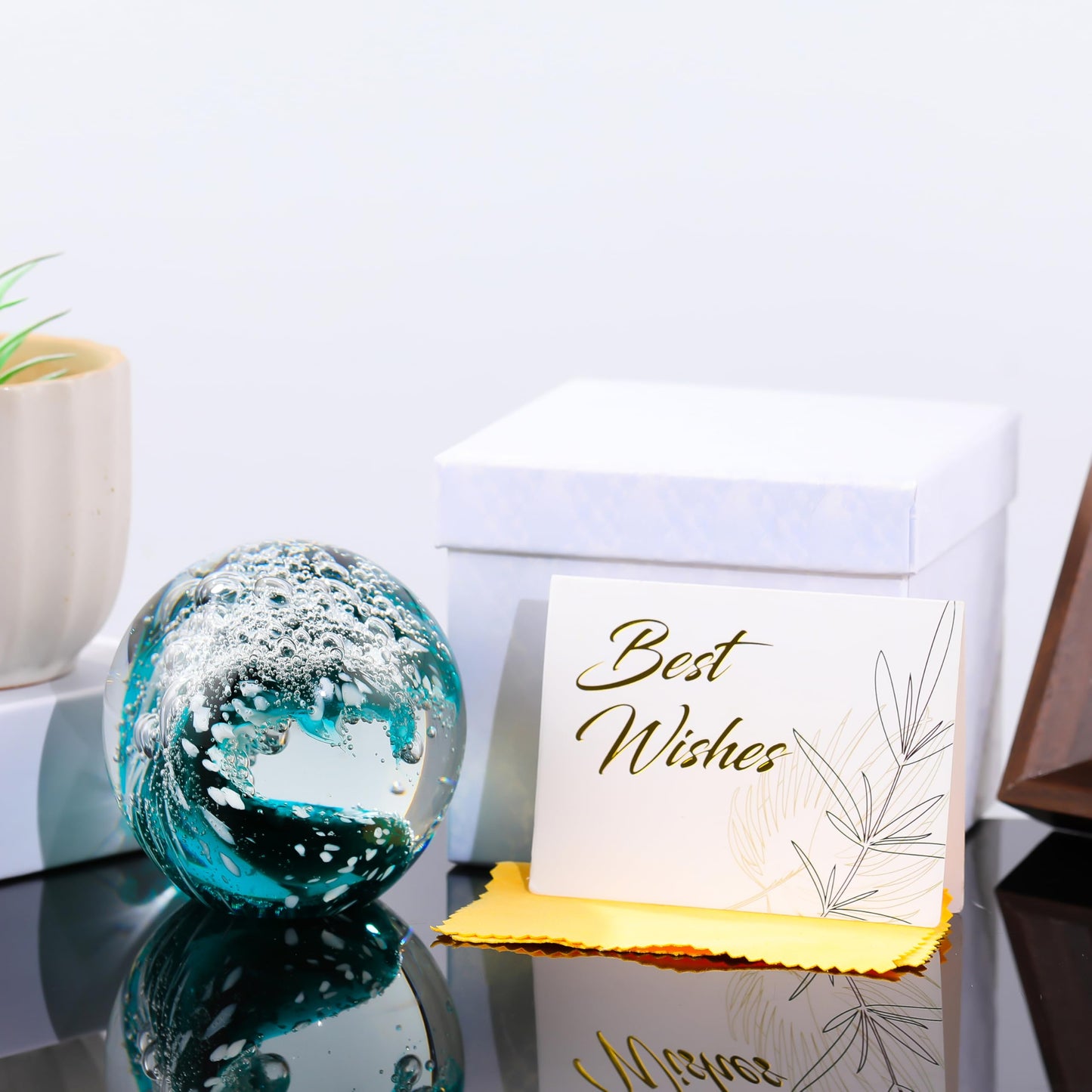 Qianwei Hand Blown Ocean Waves Crystal Ball - Glass Collectible Figurines Spere - Paperweight Glass Ball Aquarium DecorOffice Decor Ocean Lovers