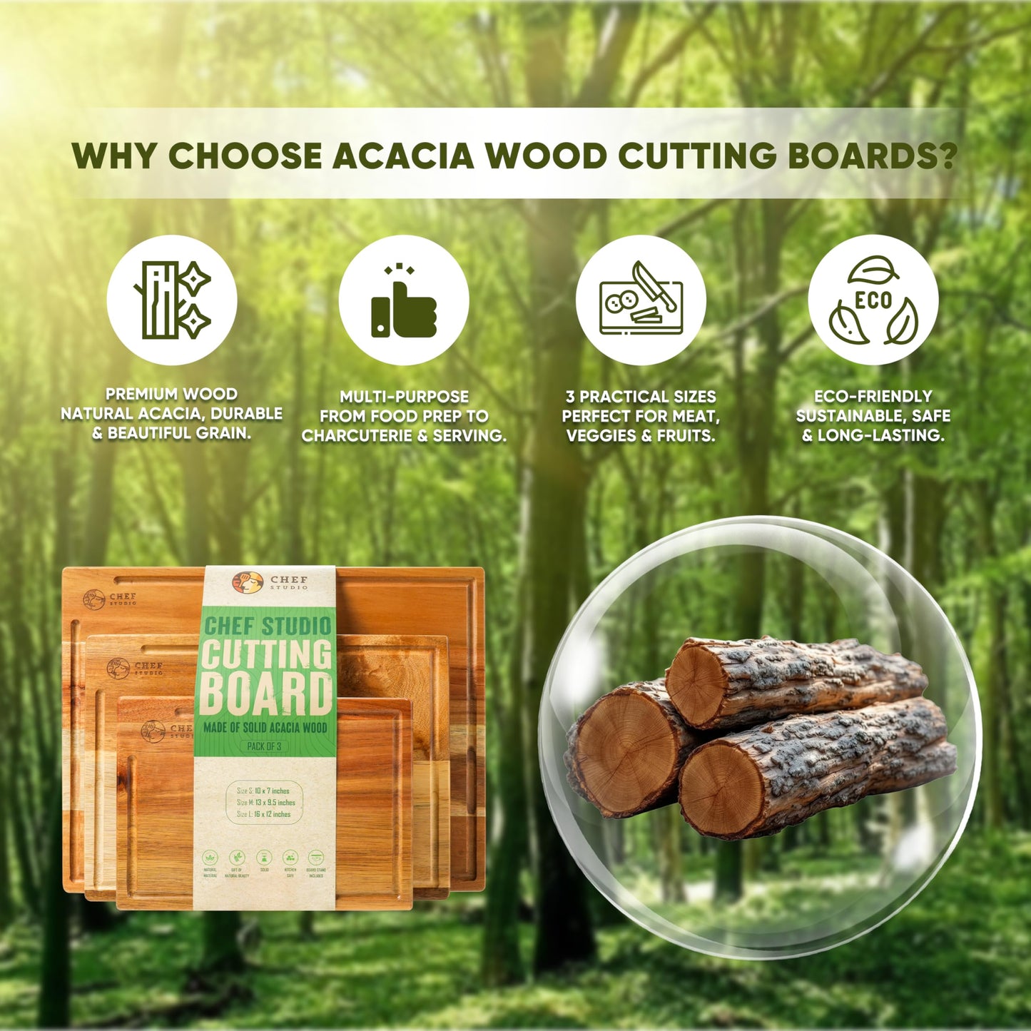 Chef Studio Acacia Wood Cutting Board (Set of 3) – Wooden Cutting Boards for Kitchen, Chopping and Serving, Non Plastic Bamboo Alternative, Hostess Gifts for Christmas, Thanksgiving, New Year