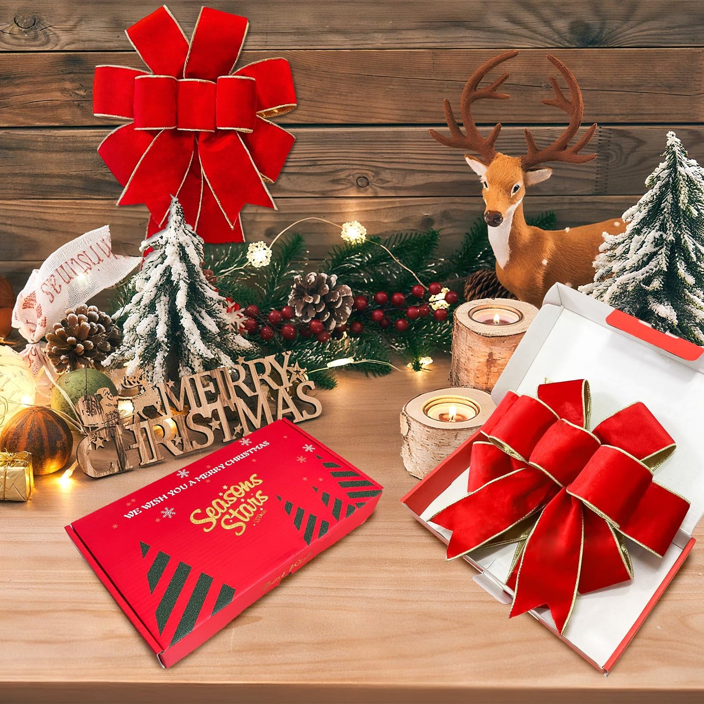 Red Velvet Christmas Bows with Gift Box, Gold Wired Red Bows for Wreath Floral, Christmas Tree Topper, Outside Bowknot Red Bow for Car Wall Garden Yard Front Door