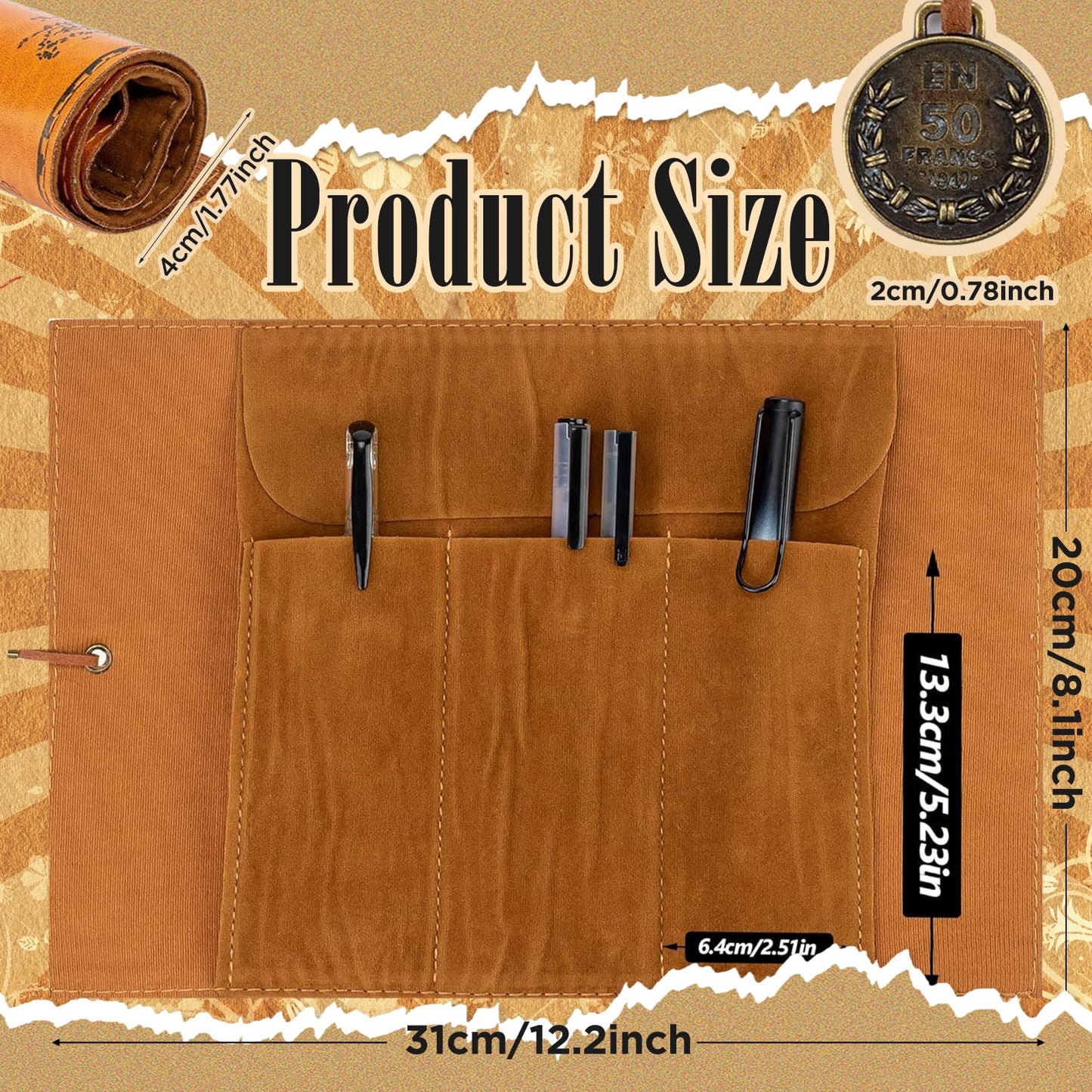 Glavatrix 4 Pieces Leather Pencil Case, Creative Map Rollup Pencil Bag, Vintage Makeup Brush Pouch, Brown PU Matte Smooth Cover Storage Pouch Holder Organizer