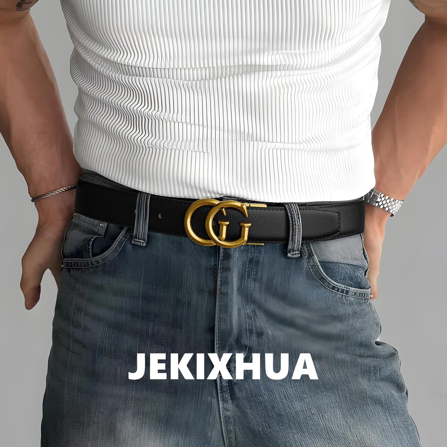 JEKIXHUA Mens Genuine Leather Belt for Men - Adjustable Strap with Gold Buckle, Ratchet Belt for Business & Casual (Gold-1, 24" to 44" Waist Adjustable)