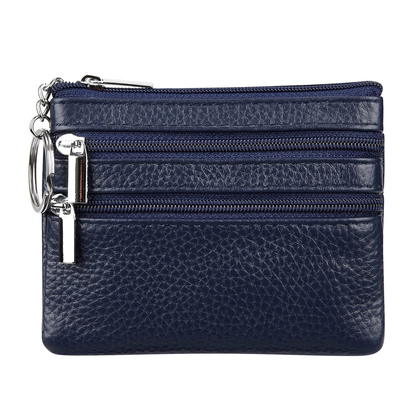 Women's Genuine Leather Coin Purse Mini Pouch Change Wallet with Keychain, navyblue