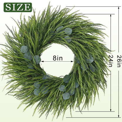 26" Artificial Saw Grass Wreath for Front Door, Lifelike Faux Saw Grass Wreath with Fake Eucalyptus Spring Summer Greenery for Wall Window Fireplace Farmhouse Home Outside Decoration