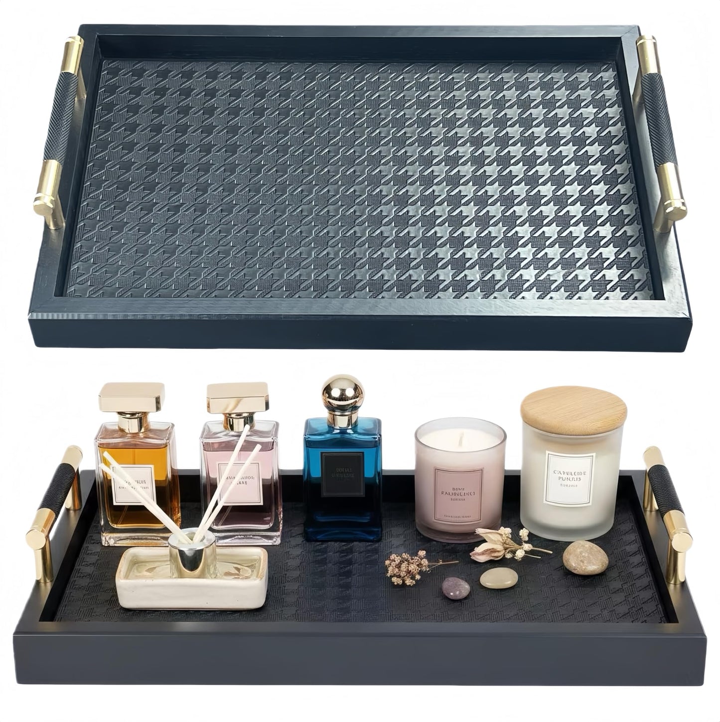 Bamboo Vanity Tray for Dresser -13.4"x8.7" Cologne Tray with Handles, Black Gold Trinket Tray for Perfume, Jewelry, Watch, Key - Bathroom Tray with Leather Mat for Countertop, Living Room, Bedroom