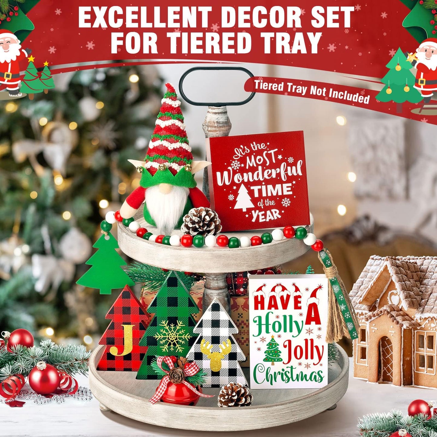 Farmhouse Christmas Tiered Tray Decor - 10 PCS Set with Wooden Signs & Gnome Plush - Kitchen Table, Mantel, Party