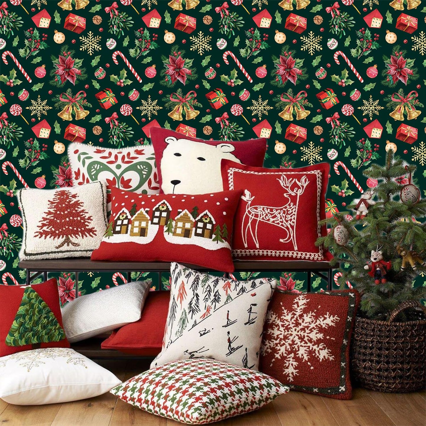 IARTTOP Merry Christmas Wallpaper Peel and Stick Xmas Holiday Poinsettia Contact Paper for Wall Cabinets Christmas Ornament Wallpaper Self-Adhesive for Winter Party Bedroom Holiday Decor(17.3"X118.1")