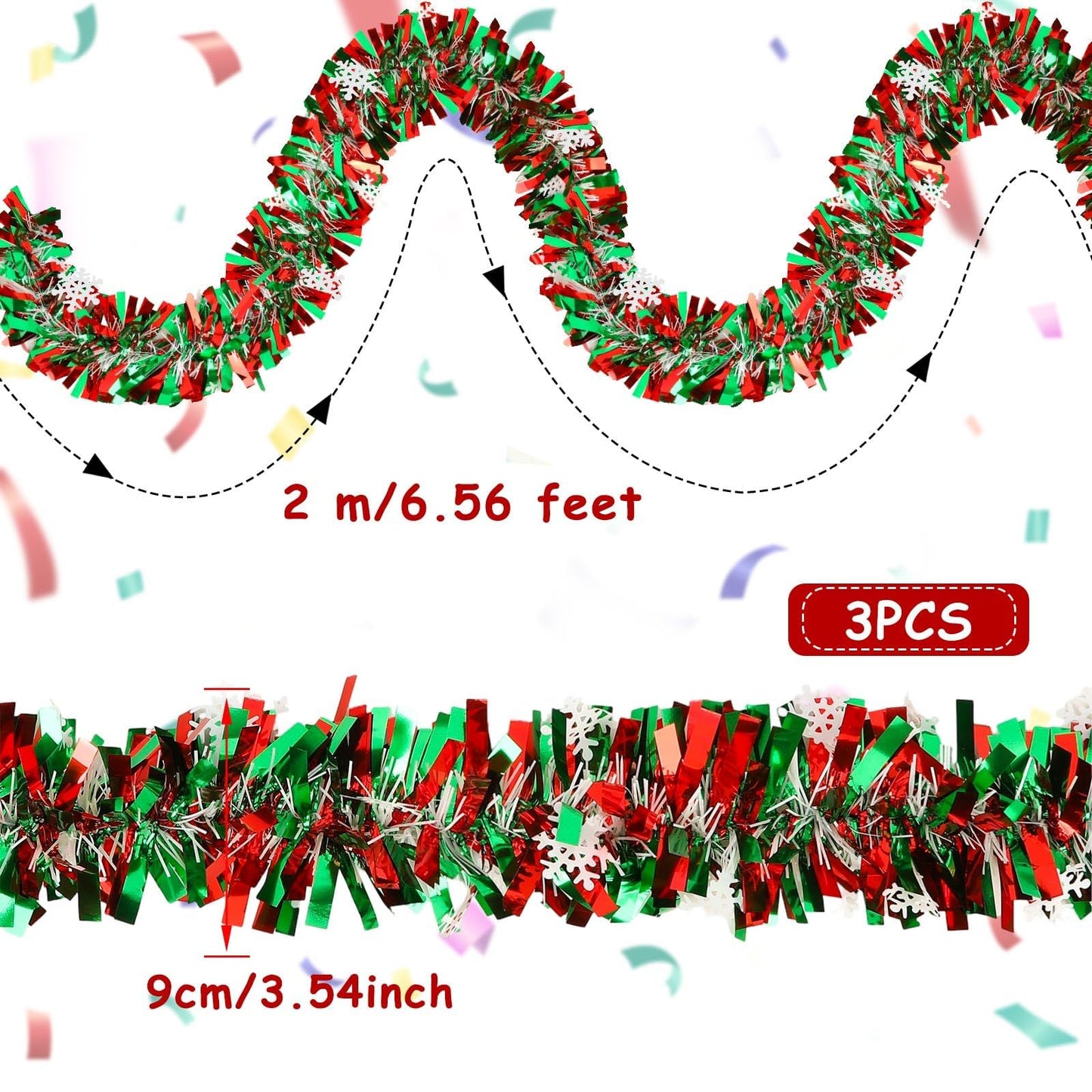 MARFOREVER Christmas Snowflake Tinsel Garland, Red Green Snowflake Metallic Twist Garlands for Winter Wonderland Christmas Tree Holiday Party Indoor Outdoor Home Wall Decoration, 3 Pcs 19.7 FT