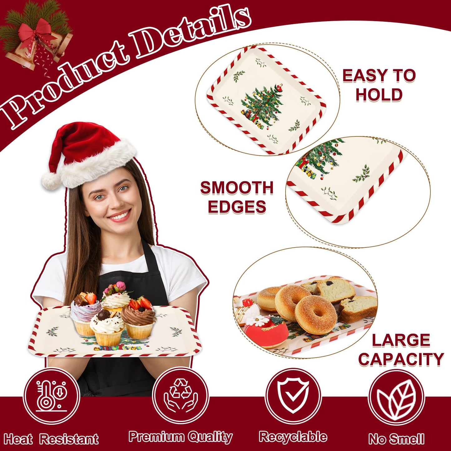 Whaline 3 Pcs Christmas Serving Trays Xmas Tree Plastic Serving Platters Dishes for Holiday Party Breakfast Lunch Dinner Food Snack Supplies, 10 x 13 Inch