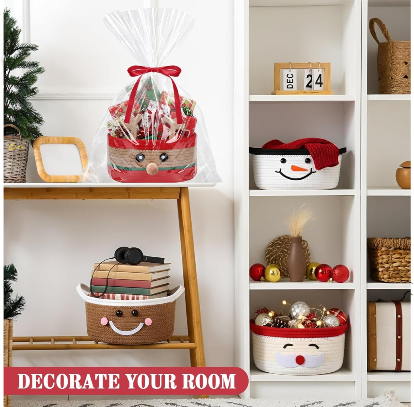 Zopeal 4 Pcs Christmas Woven Basket with Gift Bag, Ribbon Empty Basket Deer Storage Bin Holiday Decorative for Xmas Gifts, 12 x 8 x 5 Inch