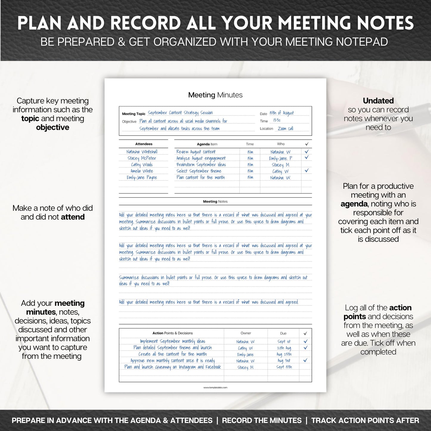 Templatables Meeting Minutes Note Taking Professional Notepad | Plan, Record and Track Actions, Agendas from all your Important Meetings Desk Pad | 50 Undated Tear Away Sheets A4 | Mono