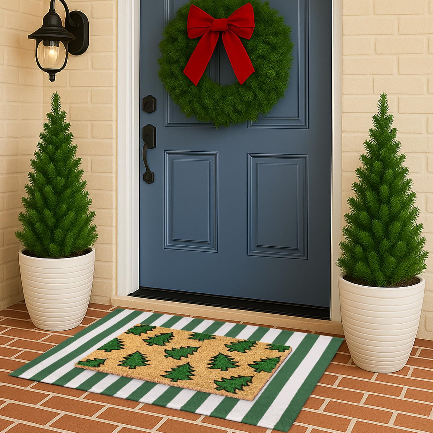 Christmas Door Mat Set 2-Piece, 17"x30" Coir Welcome Mat with Green Tree Pattern and 28"x43" Green White Striped Rug, Layered Front Porch Combo for Holiday Entryway Outdoor Decor