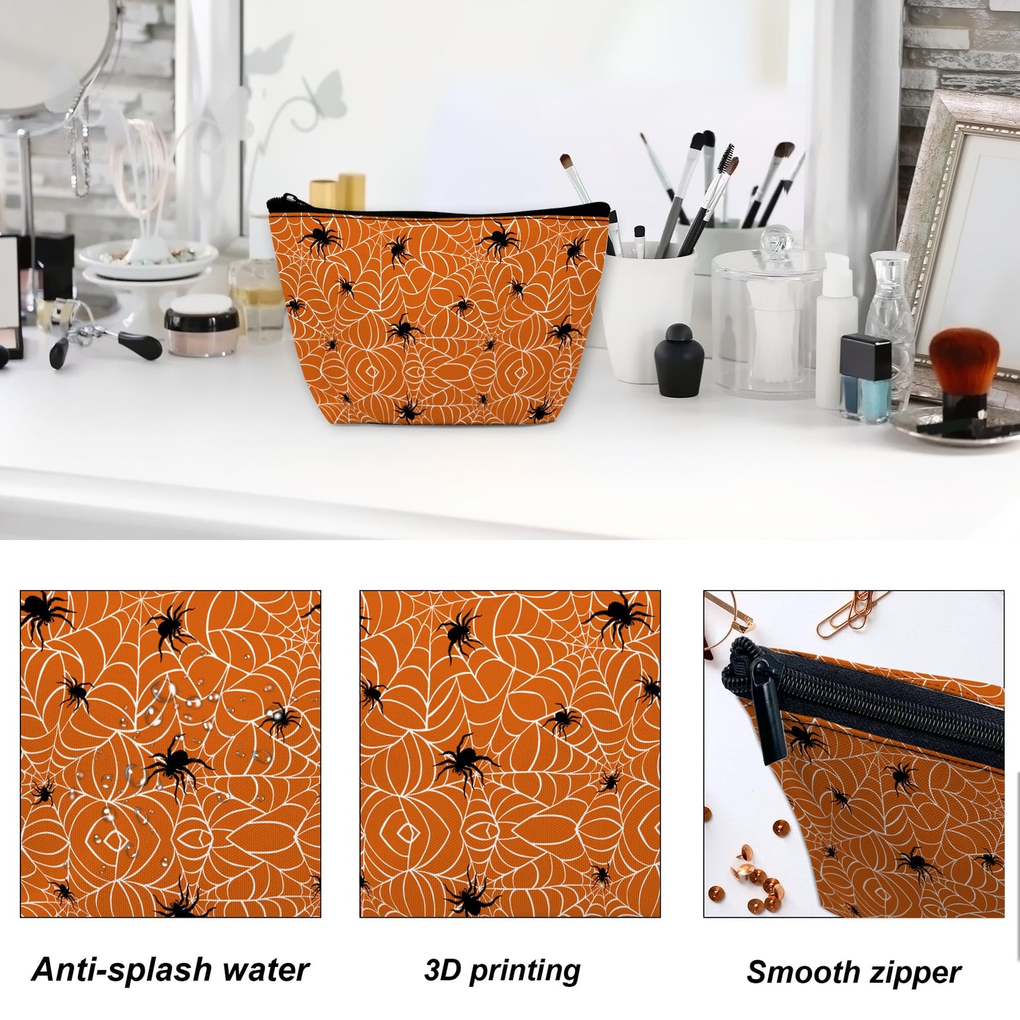DEMACYA Spiders Makeup Bag for Purse, Waterproof Funny Cosmetic Bag for Women, Zipper Travel Toiletry Pouch with Webs Black Gift 9.5×5.9 Inch