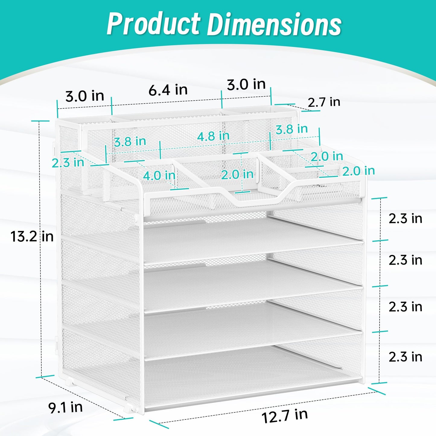 OrgMate 5 Tier Mesh Desk Organizer,Multi Functional Letter Paper Tray with 3 Pen Holders and 5 Adjustable Storage Compartments for Office Supplies Files and Mail Space Saving Desktop Organizer-White