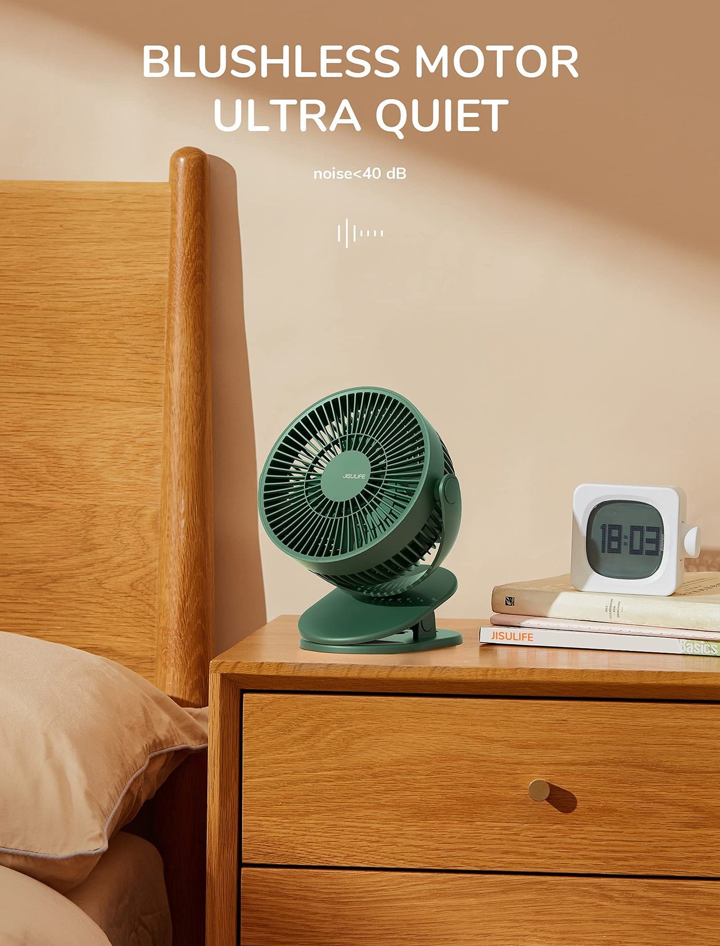 JISULIFE Clip on Baby Stroller Fan, 4000mAh Battery Operated, Portable Personal Small, Quiet & Narrow Slot Design, 4 Speeds, Max 14 Hrs, Ideal for Bed, Desk, Car Seat - Dark Green