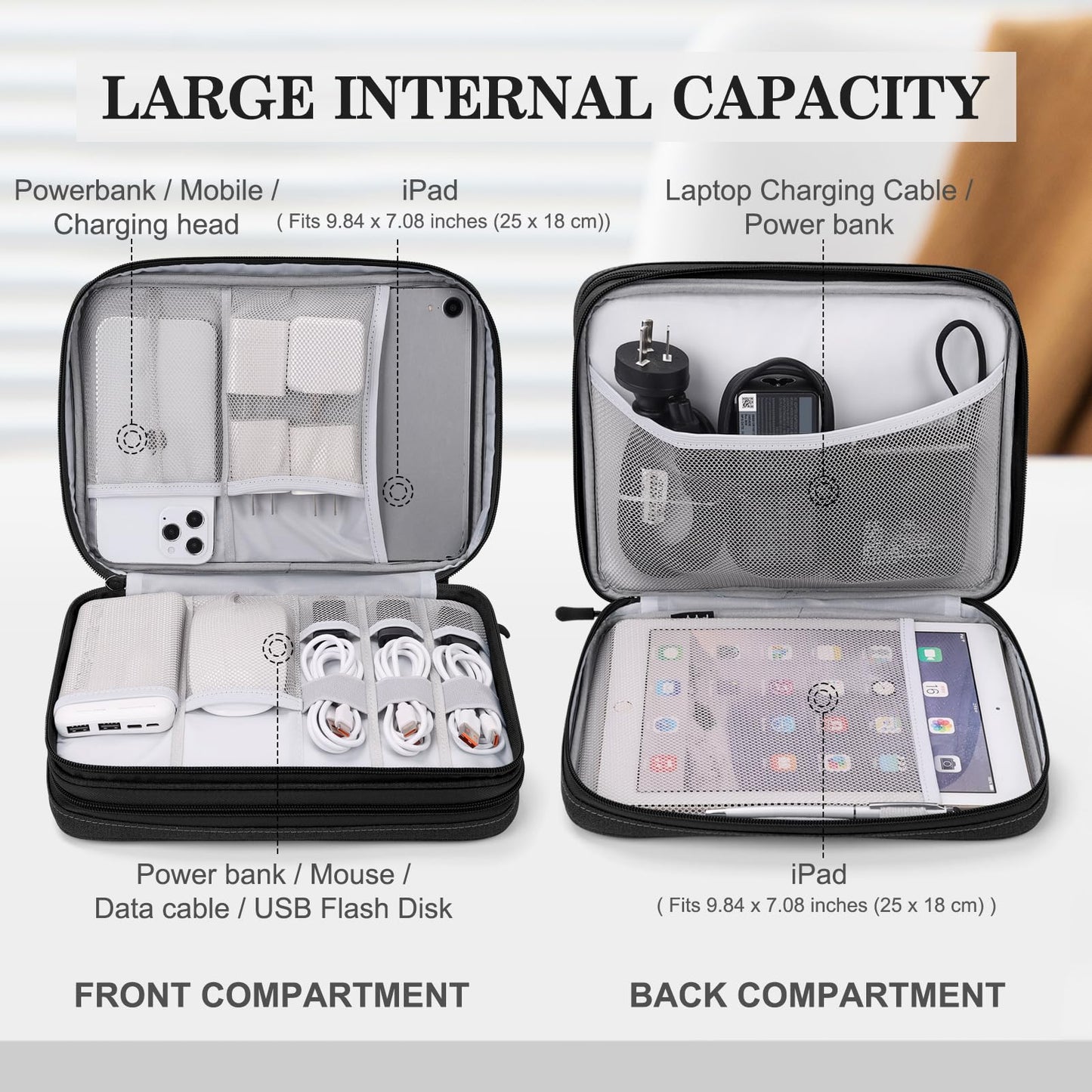 FYY Electronic Organizer, Extra Large Travel Cable Organizer Bag Pouch Portable Waterproof Double Layers All-in-One Storage Bag for iPad, Cable, Power Bank, Laptop Charger for Office/Home, Black