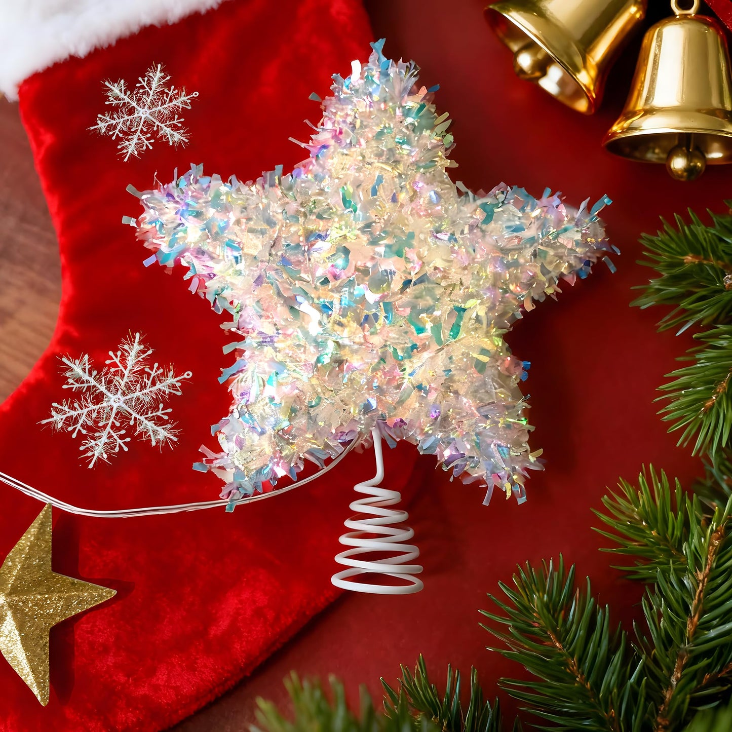 LAWOHO Christmas Tree Topper Star, Exquisite Christmas Decor, Mini Shiny Iridescent 6 Inch Christmas Tree Decoration with 6H Timer, 10 Warm Lights for Xmas Tree, Holiday & Party, Indoor Home